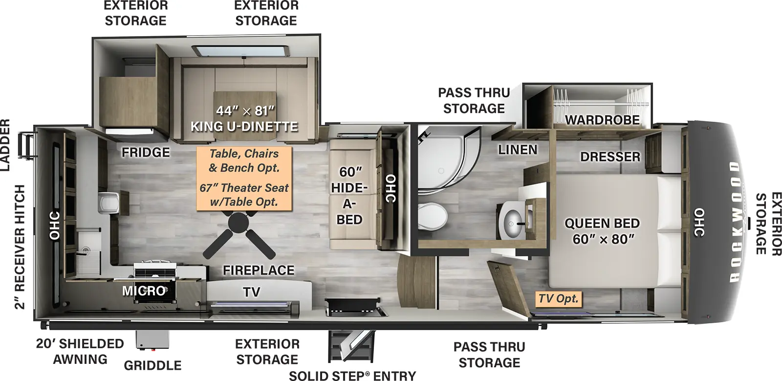 The 301RK has two slide outs and one entry door. Exterior features include a 20 foot shielded awning, solid step entry, exterior storage, pass thru storage, griddle, rear ladder, and 2 inch receiver hitch. Interior layout front to back: front bedroom with a queen bed, overhead cabinets, dresser, and off-door side slide out containing a linen closet and wardrobe (TV optional); off-door side full pass thru bathroom; steps down to kitchen living area with paddle fan and hide a bed sofa with overhead cabinets along inner wall; off-door side slide out with king U-dinette (table, chairs & bench, or theater seat with table optional) and refrigerator; door side TV, fireplace, kitchen counter with microwave, cooktop, wraps to rear with sink and overhead cabinets. 